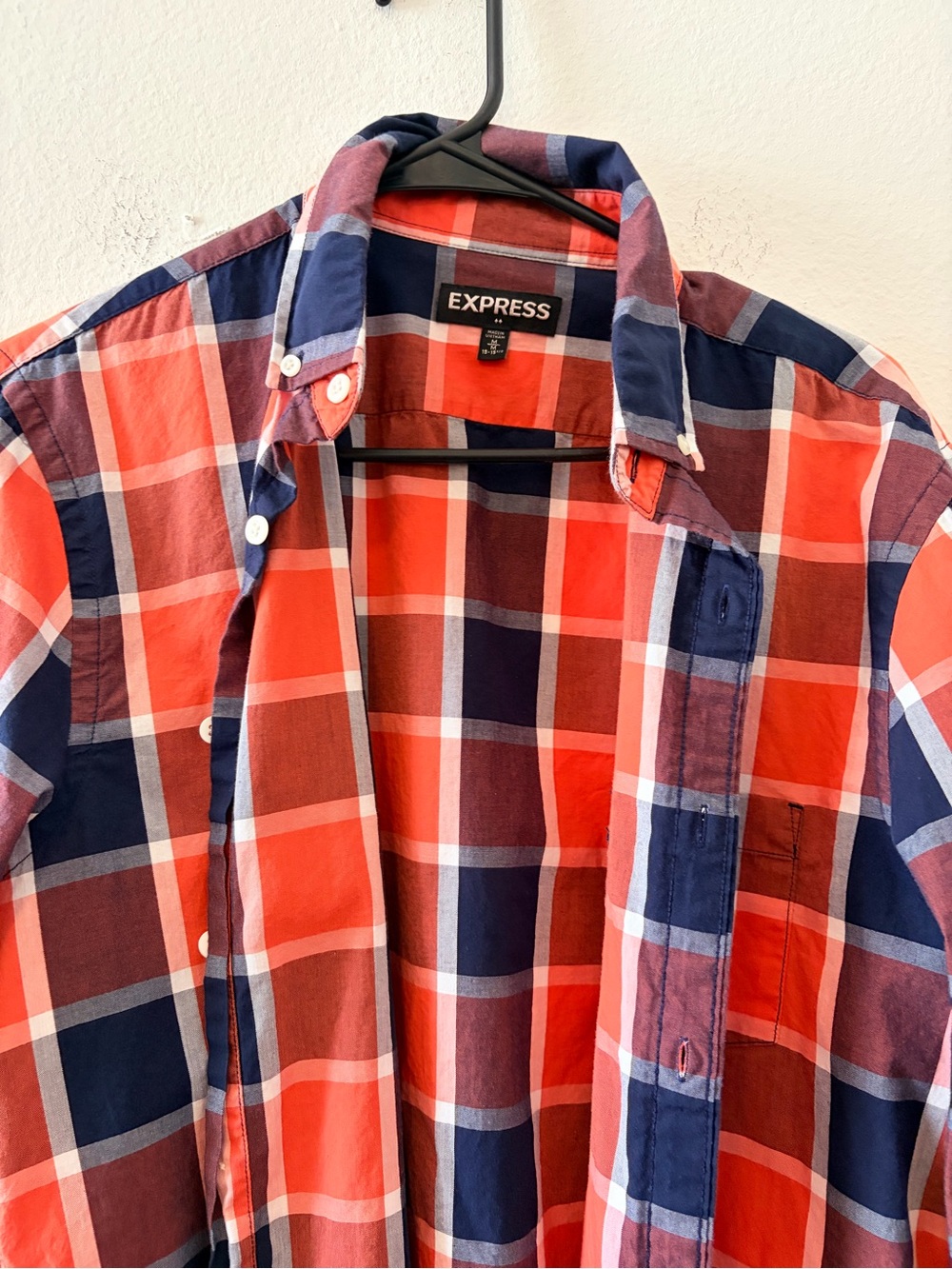 Express Men’s Red and Navy Plaid Button-Down Shirt